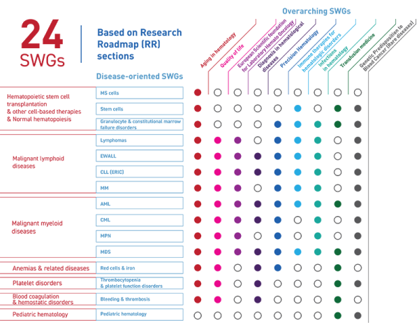 A matrix table showing the connections between EHA's disease-orientated and overarching specialized working groups. Select to open a PDF version.